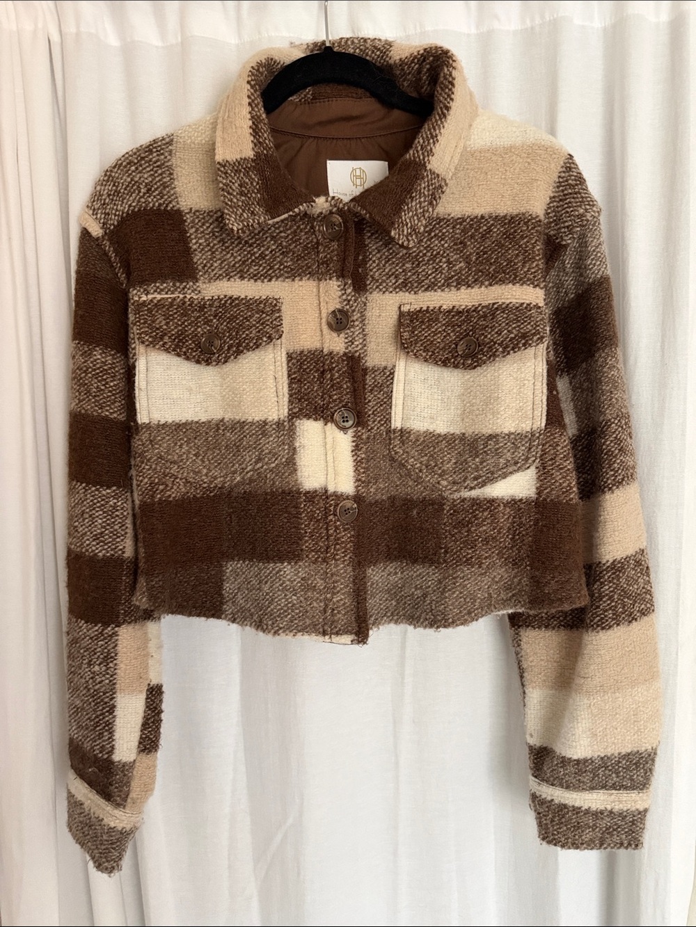 House of Harlow 1960 Plaid Teddy Jacket in Brown and Cream
